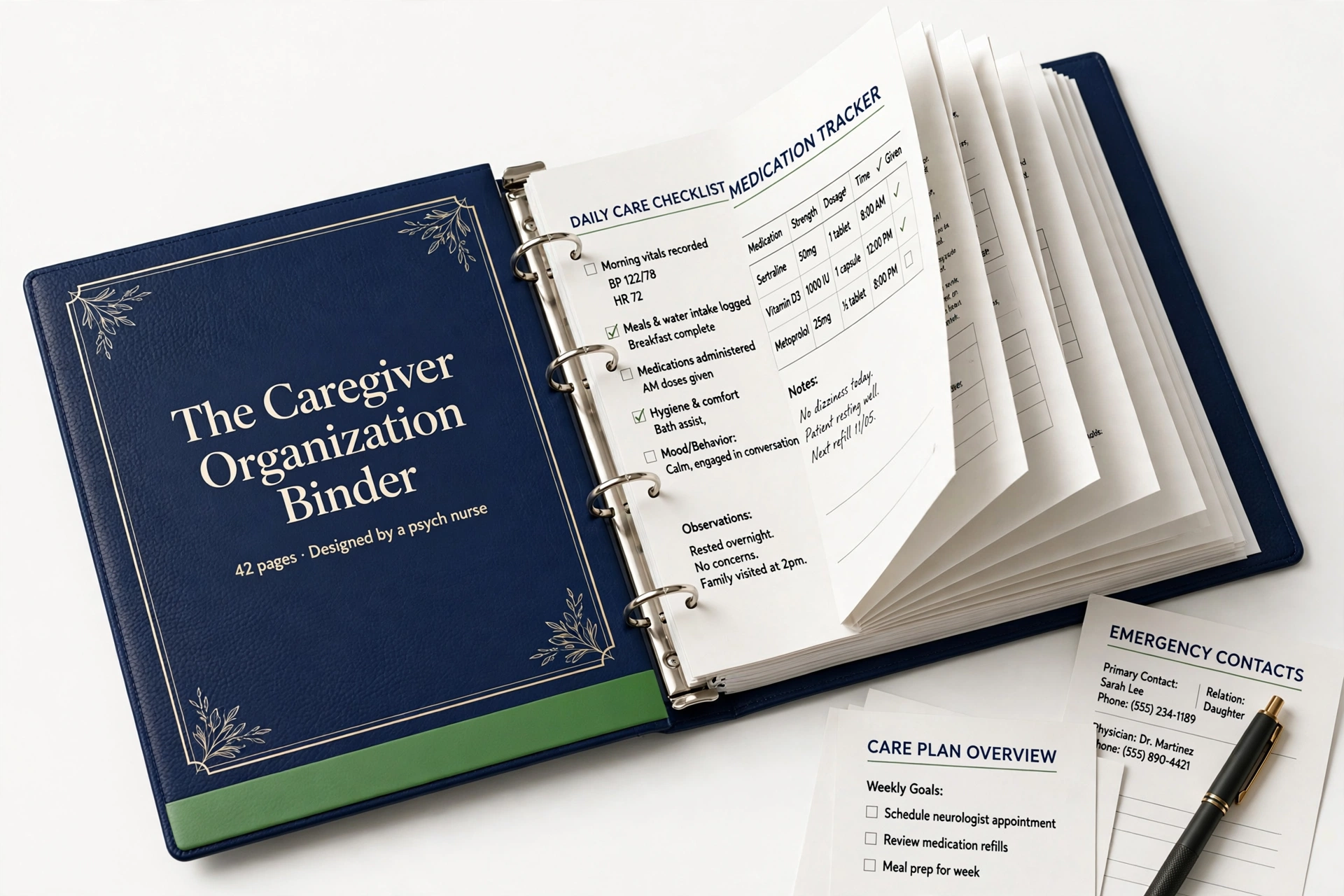The Caregiver Organization Binder — open 3D mockup showing organized care pages